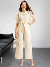 Cream-colored lace trim belted wide leg jumpsuit, machine wash