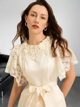 Lace trim belted wide leg jumpsuit in cream satin with floral lace details