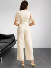Cream-colored lace trim belted wide leg jumpsuit, machine wash