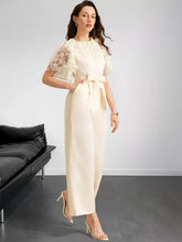 Lace trim belted wide leg jumpsuit in cream with flutter sleeves