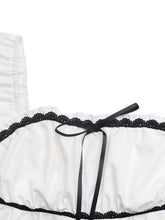 White lace trim bowknot short sleeve blouse with ruffled black lace trim and matching satin ribbon tie