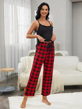 Red and black plaid pajama pants with drawstring waist from lace trim cami and plaid pants lounge set