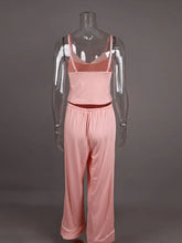 Pink satin Lace Trim Cami and Pants Lounge Set with thin straps