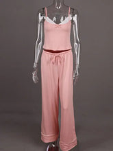 Pink Lace Trim Satin Cami & Wide-Leg Pants Lounge Set