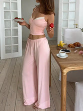 Woman in Lace Trim Cami & Pants Lounge Set, soft pink two-piece loungewear