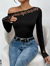 Black lace trim one shoulder bodysuit with long sleeves and delicate lace detailing on shoulders and cuffs