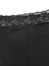 Black lace trim one shoulder bodysuit in smooth satin fabric featuring elegant lace trim detail