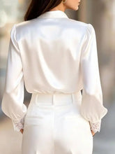 White satin blouse with puffed sleeves and delicate lace cuffs lace trim satin button up shirt