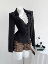 Black long-sleeved lace trim slim fit blouse with ruffled lace collar and front button-up design