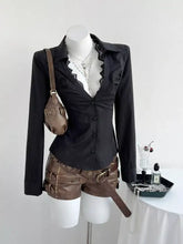Black lace trim slim fit button-up blouse with ruffled sleeves made from lightweight fabric for elegant wear