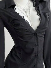 Black satin lace trim slim fit shirt with delicate lace neckline and ruched detailing for elegant wear