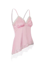 Delicate pink lace trimmed satin camisole with lace trim and thin spaghetti straps for elegant layering
