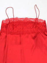 Red satin lace trimmed satin cami with floral lace trim and thin spaghetti straps for elegant wear