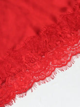 Red lace trimmed satin cami featuring floral lace trim with frayed edges in vibrant red lace trimmed design