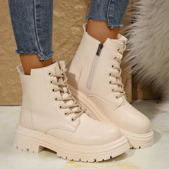 Lace Up Combat and Ankle Boots for Women in Black Cream and Beige Beige