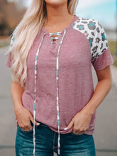 Women’s leopard short sleeve lace-up T-shirt with raglan sleeves