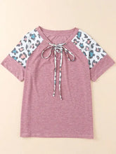 Pink Lace-Up Leopard Short Sleeve T-Shirt with Raglan Sleeves