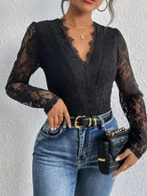 Black lace v neck long sleeve bodysuit featuring sheer floral-patterned fabric and elegant neck long sleeve design