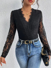 Black lace v neck long sleeve bodysuit featuring sheer floral-patterned fabric with elegant neck long sleeve design