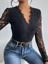 Black lace v neck long sleeve bodysuit with sheer floral-patterned sleeves in a deep v neckline design