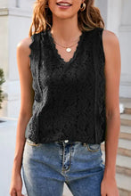Black floral lace sleeveless lace v neck tank top showcasing elegant neckline and delicate lace material