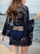 Navy blue sheer lace V-neck three-quarter sleeve cover up with bell sleeves