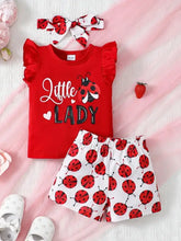 Red Ladybug Print Ruffle Sleeve Outfit with Childrens Headband for Baby Girls