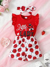 Red and white ladybug print ruffle sleeve outfit with childrens headband for baby girls