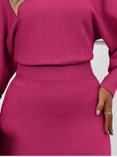 Vibrant fuchsia Lantern Sleeve Bodycon Sweater Dress with ribbed waistband