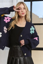 Navy blue lantern sleeve cardigan with delicate flower buttons and floral appliques