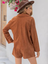 Brown suede lapel collar long sleeve romper with fedora, hand wash