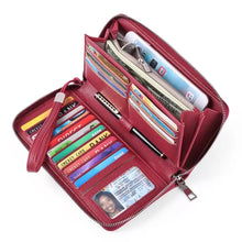 Large Capacity Wallet in burgundy leather with card slots, zip cash compartment, iPhone holder, wrist strap