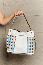 Large shoulder bag in white multicolored plaid with brown leather accents