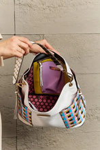 White large shoulder bag with multicolored woven pattern and gold hardware