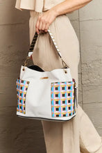 White woven leather large shoulder bag with colorful checkered accents