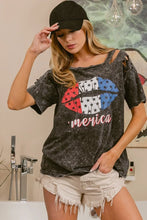 Laser Cut Mineral Washed Lip Print T-Shirt for Women BLACK CHARCOAL