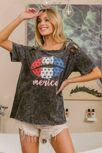 Laser Cut Mineral Washed Lip Print T-Shirt for Women