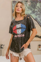 Laser Cut Mineral Washed Lip Print T-Shirt for Women