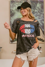 Laser Cut Mineral Washed Lip Print T-Shirt for Women