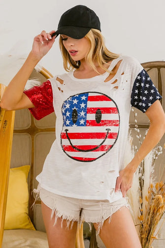 Laser Cut Smiley Face American Flag T-Shirt for Women OFF WHITE