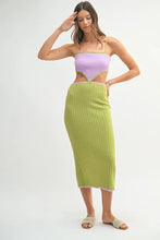 Lavender Green Ribbed Knit Color Block Cutout Midi Dress