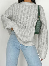Light gray lavender cable knit acrylic pullover with ribbed cuffs
