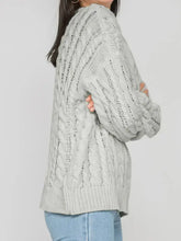 Light gray lavender cable knit acrylic pullover with leaf pattern and ribbed cuffs