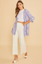 Woman in Annie Wear Lavender Checkered Open Drop Shoulder Cardigan