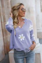 Lavender Daisy Distressed Long Sleeve Sweater for Women