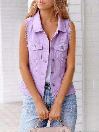 Lavender Denim Vest with Raw Hem and Pockets Lilac