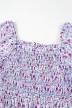 Lavender floral summer dress with smocked top, square neckline, and ruffled hem