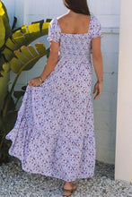 Womens lavender floral summer dress with square neckline and ruffled hem