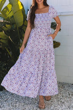 Lavender floral maxi dress with square neckline and ruffled hem