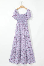 Womens lavender floral smocked summer dress with puff sleeves